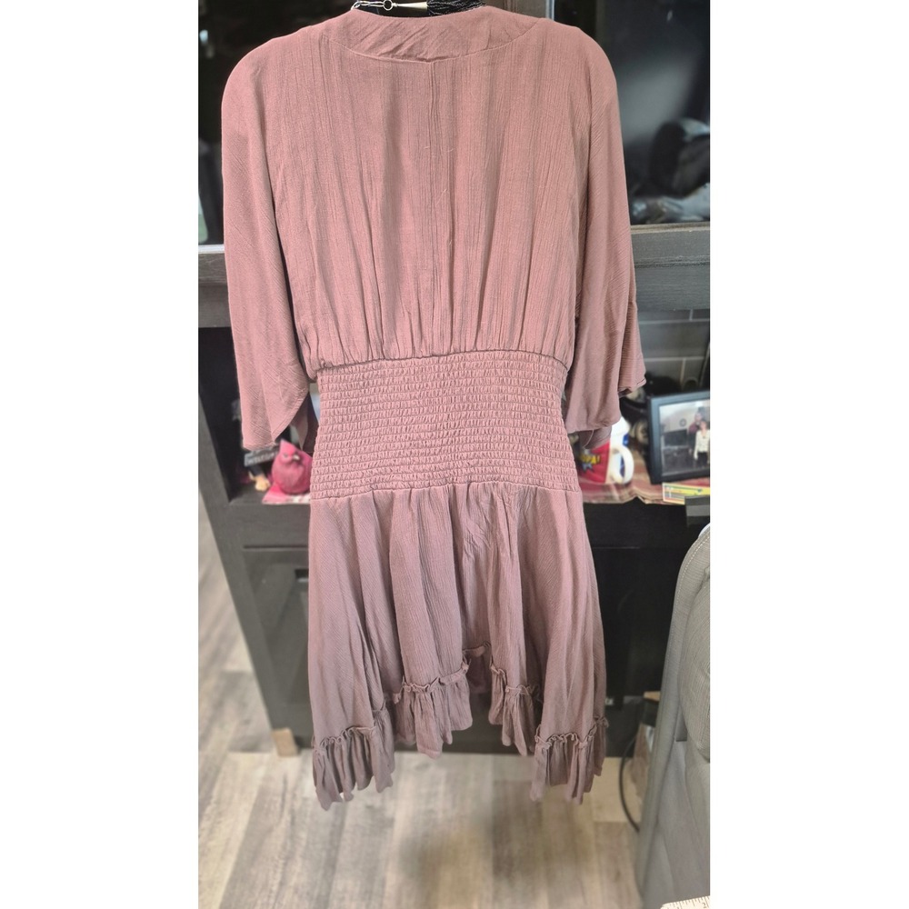 Venus Brown Boho Beaded V-Neck Smocked Waist Ruffle Hem Mini Dress Womens Small - Picture 8 of 15
